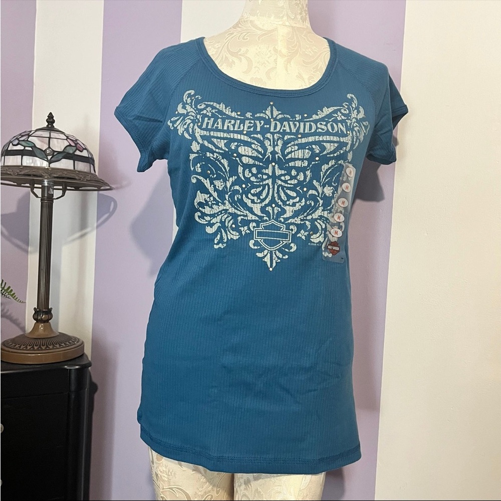 Harley Davidson Short Sleeve Coralville Iowa Teal Blue Women’s Sz M New